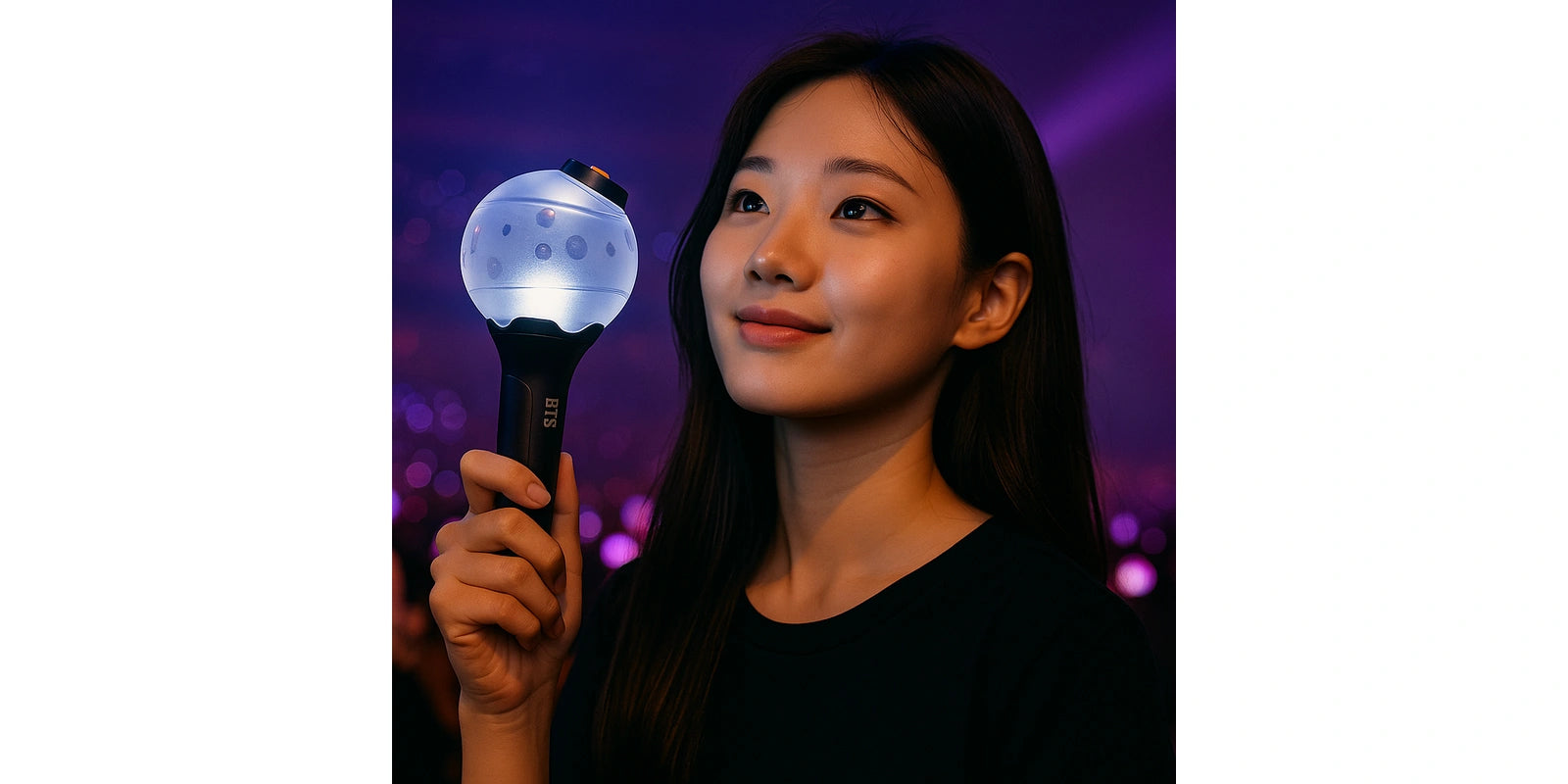 Fan K-pop tenant un lightstick BTS (ARMY Bomb) lors d’un concert – ambiance lumineuse, produit officiel BTS