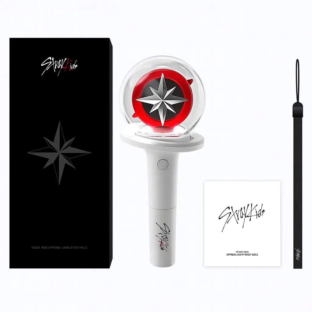 Lightstick Stray Kids V2 officiel avec sa boîte noire, son guide d'utilisation et sa dragonne – produit officiel K-pop version 2