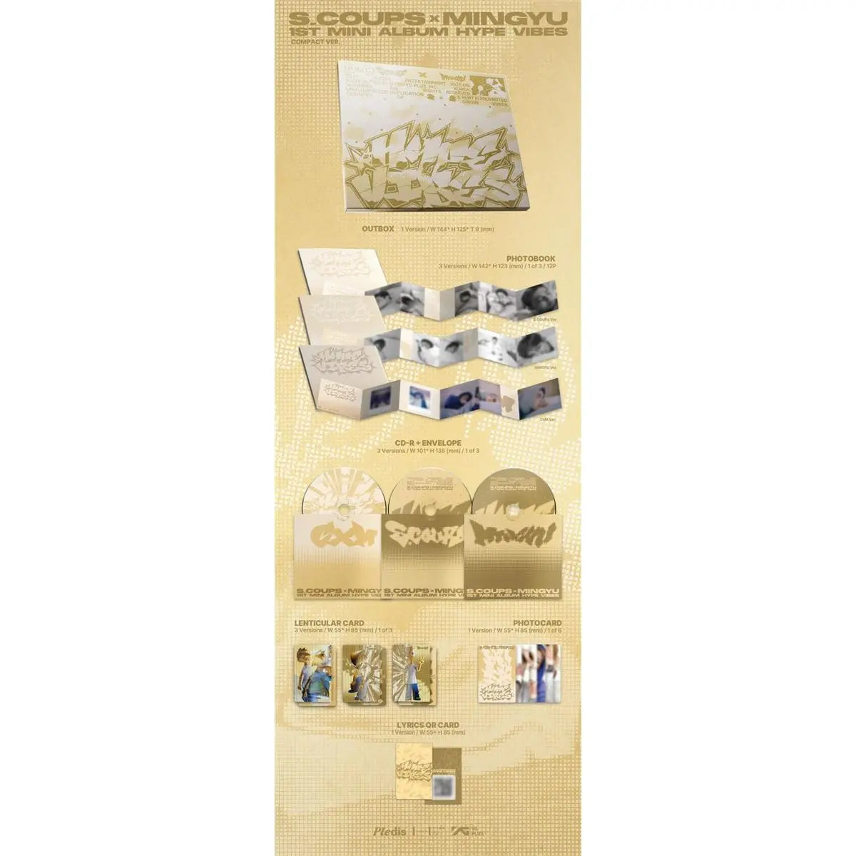 Contenu du coffret SEVENTEEN 1st Mini Album HYPE VIBES Compact Ver. avec photobook, CD, photocards et carte lenticulaire