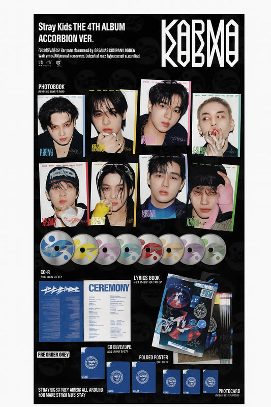 Image officielle du contenu du Stray Kids 4th Album KARMA – Accordion Ver. avec photobook, CD, lyrics book et photocards. Album K-pop importé de Corée, disponible en France.