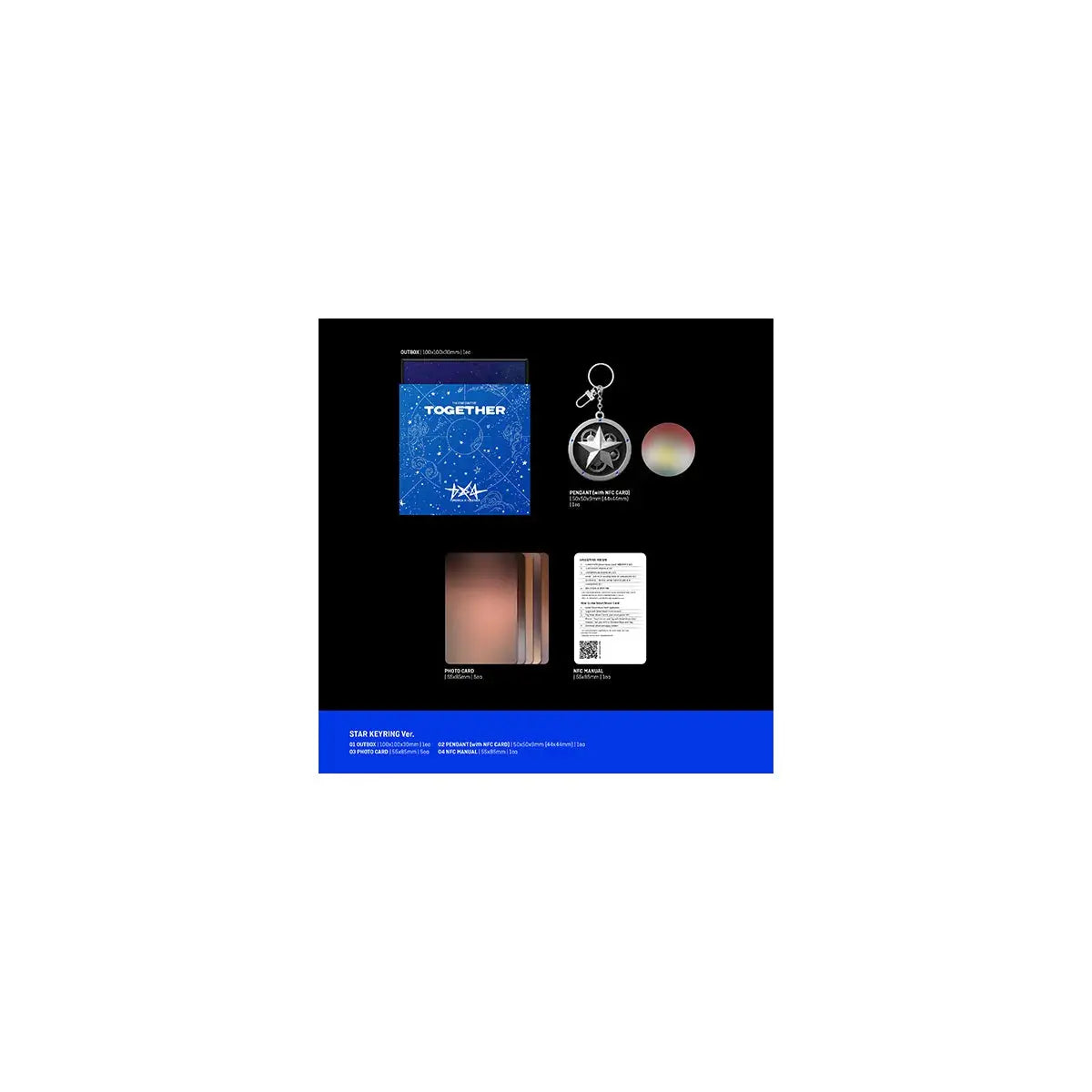 Contenu du coffret TXT Star Keyring Ver. : carte NFC, photocards, outbox Lightstick Officiel