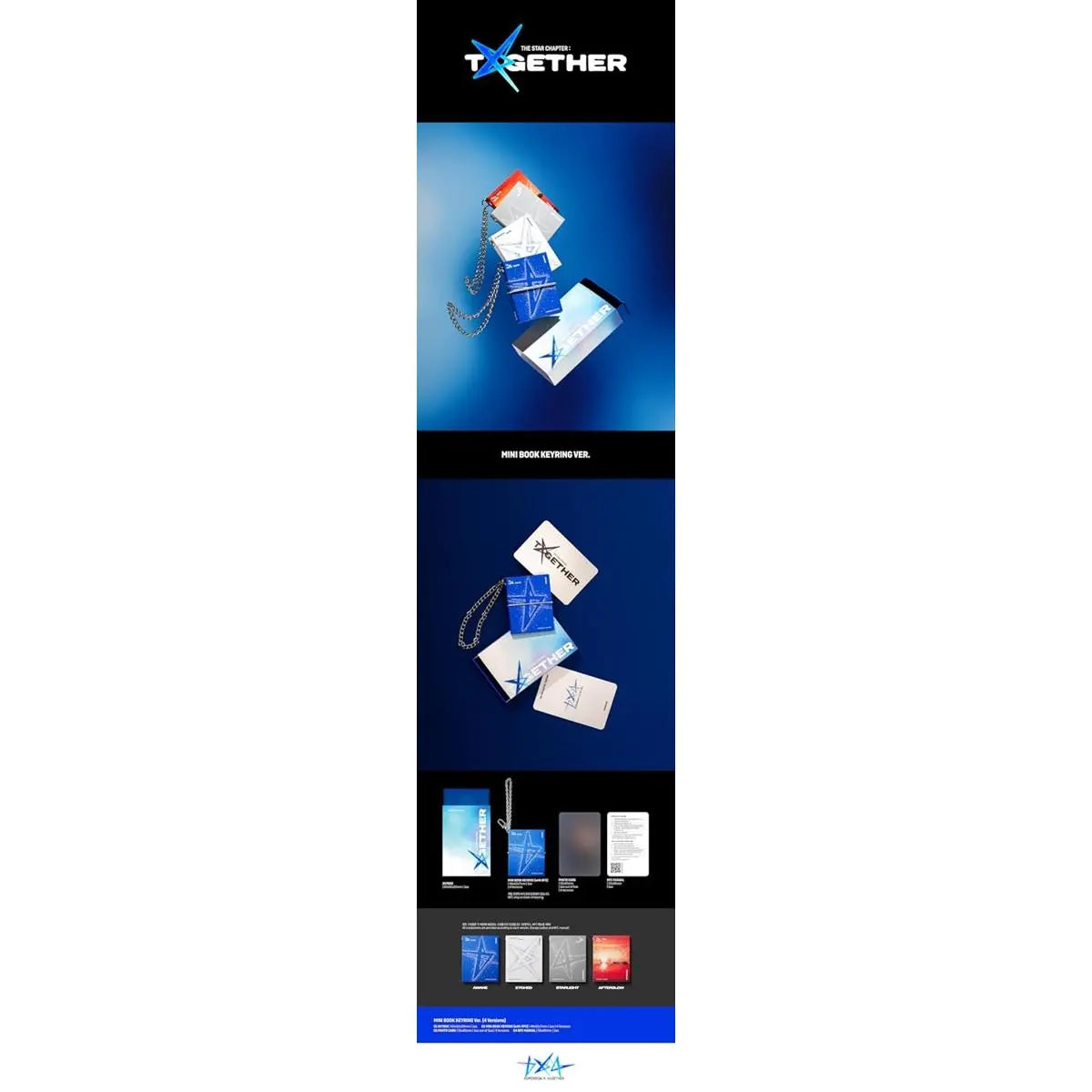 Contenu de l'album TXT – The Star Chapter : Together version Mini Book Keyring avec porte-clés NFC, carte aléatoire et manuel, versions Awake, Etched, Starlight et Afterglow.