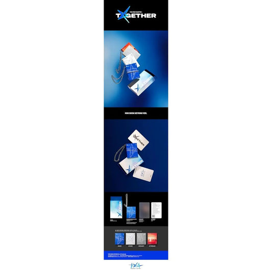 Contenu de l'album TXT – The Star Chapter : Together version Mini Book Keyring avec porte-clés NFC, carte aléatoire et manuel, versions Awake, Etched, Starlight et Afterglow.