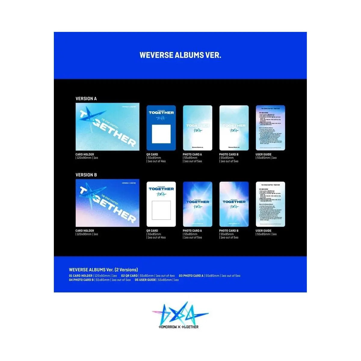 Contenu complet des albums TXT Weverse Ver. A et Ver. B – photocards, QR cards, user guide